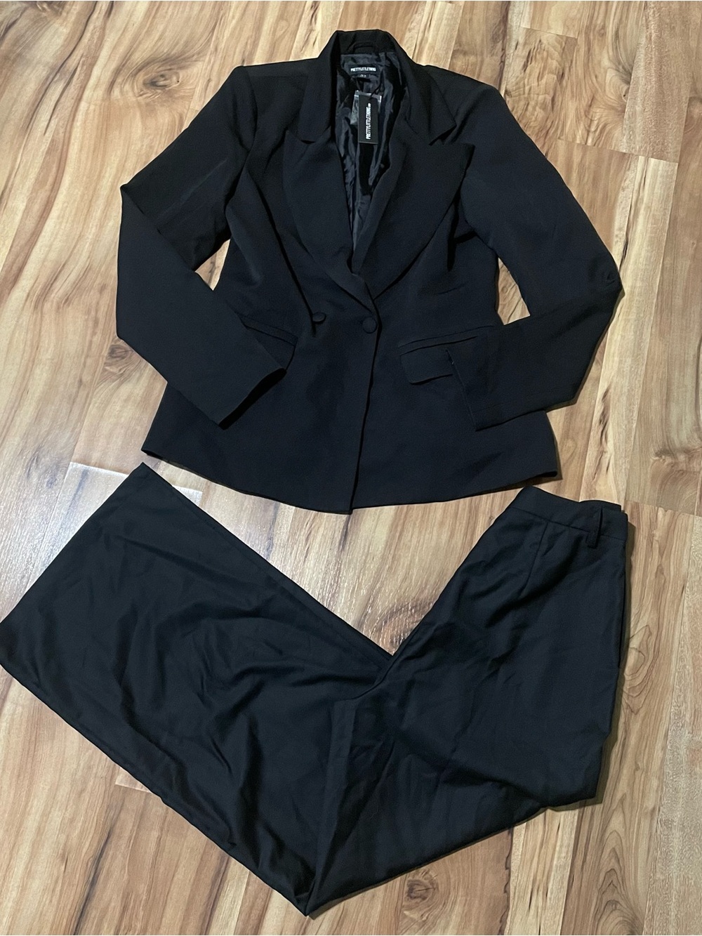 NWT PrettyLittleThing Black Double Breasted Blazer & Wide Leg Trouser Suit 14